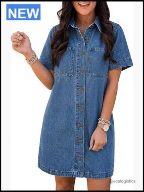 Button Down Denim Dress - Short Sleeve Babydoll Mini Jean Shirt Dress Summer